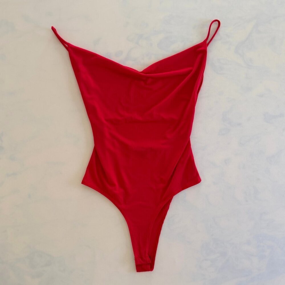 Wearever Red Cowl Neck Plunging Open Back Spaghetti Strap Body Suit